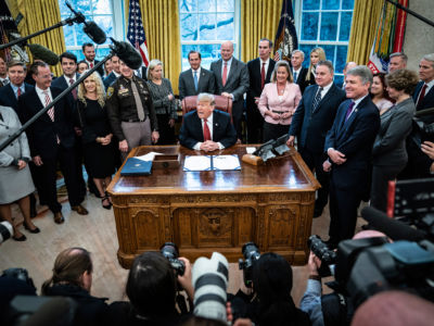 President Trump participates in a signing ceremony for anti-human trafficking legislation in the Oval Office on the 19th day of the partial government shutdown at the White House on Wednesday, January 9, 2019, in Washington, DC.