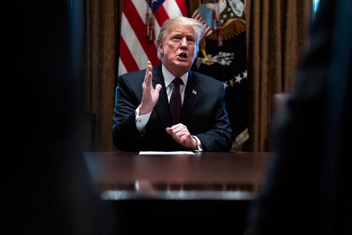 President Trump speaks during a meeting with conservative leaders about his immigration proposal on the 33rd day of the partial government shutdown, the longest in US history, in the Cabinet Room at the White House on Wednesday, January 23, 2019, in Washington, DC.