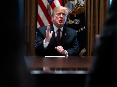 President Trump speaks during a meeting with conservative leaders about his immigration proposal on the 33rd day of the partial government shutdown, the longest in US history, in the Cabinet Room at the White House on Wednesday, January 23, 2019, in Washington, DC.