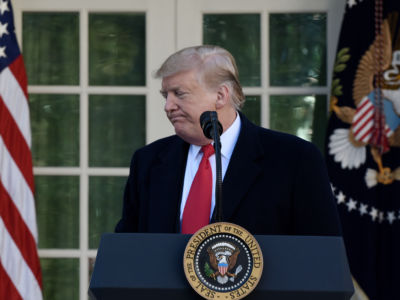 Donald Trump makes a statement announcing that a deal has been reached to reopen the government through Feb. 15 during an event in the Rose Garden of the White House January 25, 2019, in Washington, DC.