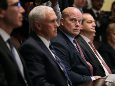 Treasury Secretary Steven Mnuchin, Vice President Mike Pence, Acting US Attorney General Matthew Whitaker, Labor Secretary Alex Acosta and other members of President Trump's cabinet meet at the White House January 2, 2019, in Washington, DC.