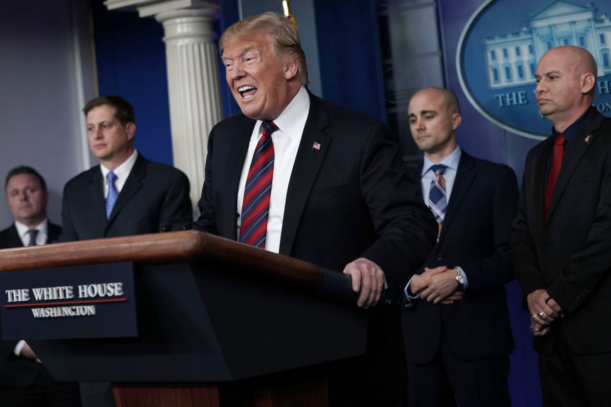 President Trump speaks during a surprise visit to the James Brady Press Briefing Room of the White House with representatives of National Border Patrol Council on day 13 of a partial government shutdown, January 3, 2018, in Washington, DC.
