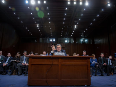Attorney general nominee William Barr testifies at his confirmation hearing before the Senate Judiciary Committee, January 15, 2019, in Washington, DC.