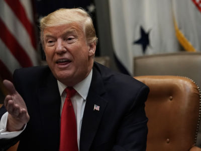 President Trump speaks during a meeting with Latino pastors at the Roosevelt Room of the White House, January 25, 2019, in Washington, DC.