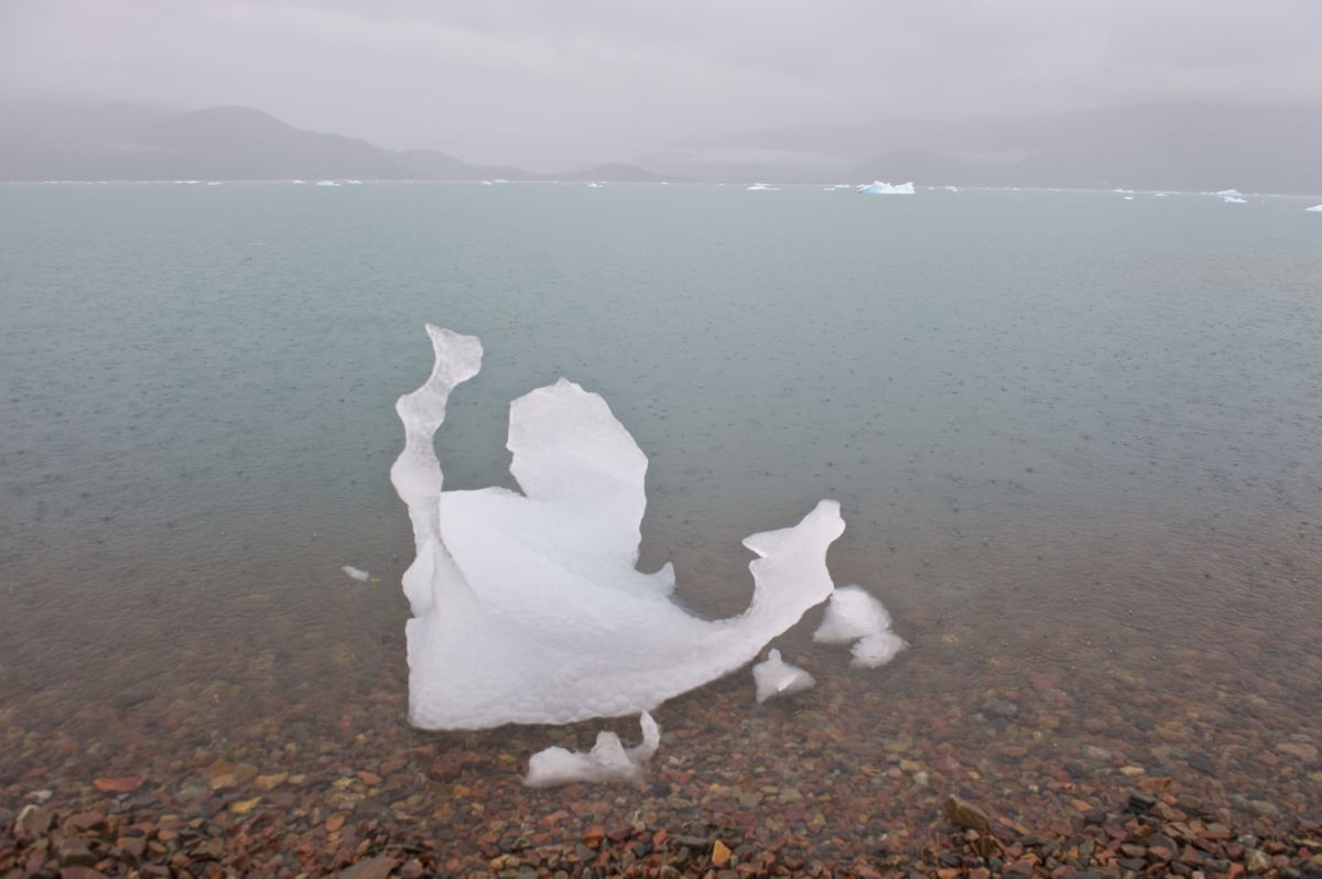 A chunk of ice drifts to the shore during a rainstorm on the coast of Qassiarsuk, Greenland. This was once a much larger piece of ice, possibly an iceberg, but it has melted to about one meter in height.