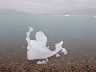 A chunk of ice drifts to the shore during a rainstorm on the coast of Qassiarsuk, Greenland. This was once a much larger piece of ice, possibly an iceberg, but it has melted to about one meter in height.