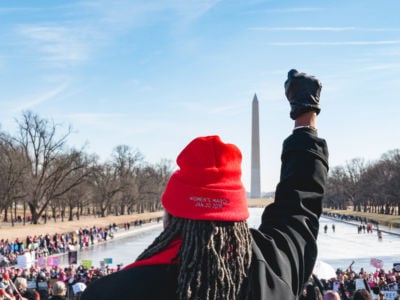 A woman stands on the steps of the Lincoln Memorial, facing the crowd and the Washington Monument, holding her fist up, and wearing a knitted cap with "Women's March Jan. 20, 2018" imprinted on it.