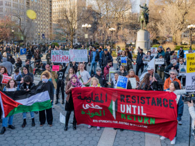 Hundreds of New Yorkers gathered in Union Square on April 6, 2018, to show solidarity with the tens of thousands of Palestinians in the besieged Gaza Strip. An unconstitutional bill, called the Israel Anti-Boycott Act, is being considered by Congress and would criminalize such organizing and calls for boycotts.