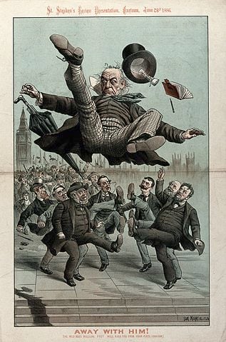 A political cartoon from 1886 showing men kicking British Prime Minister William Gladstone and the Home Rule bill in the air.