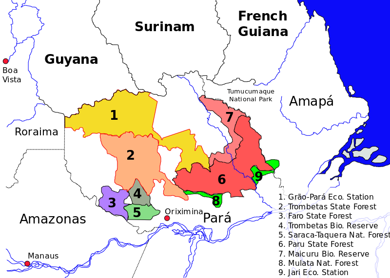 Protected areas of northwest Pará state. The BR-163 extension from the Amazon River north to Surinam, though a precise route has not been announced, would diminish the integrity of several of these preserves, likely including the The Grão-Pará Ecological Station (Estação Ecológica Grão-Pará). Managed by Pará state, this preserve protects 42,458 square kilometers (16,393 square miles) of Amazon rainforest, and is one of the largest fully protected tropical forest conservation units in the world. This map does not include indigenous reserves or quilombo communities.