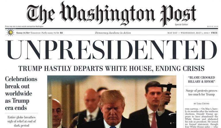 The front page of a “special edition” of the Washington Post put out by the Yes Men.