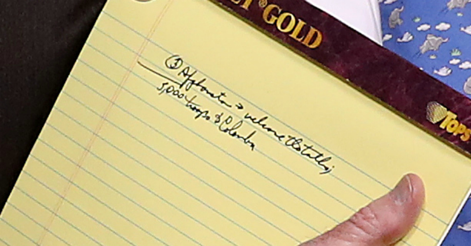 Close-up of John Bolton's notebook