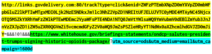 The first part of the link, in yellow, is nearly identical to the tracking pixel URL we saw before. The redirect URL, in green, points to the article you intended to click. UTM parameters, in blue, allow whitehouse.gov to collect more contextual information about your click.