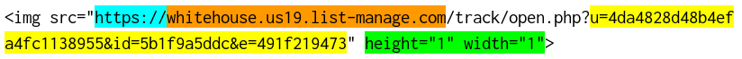 An example of a tracking pixel from a more recent “1600 Daily” newsletter, which sends information to Mailchimp’s list-manage.com domain (in orange) over HTTPS (in blue) contianing a custom tracking string (in yellow)