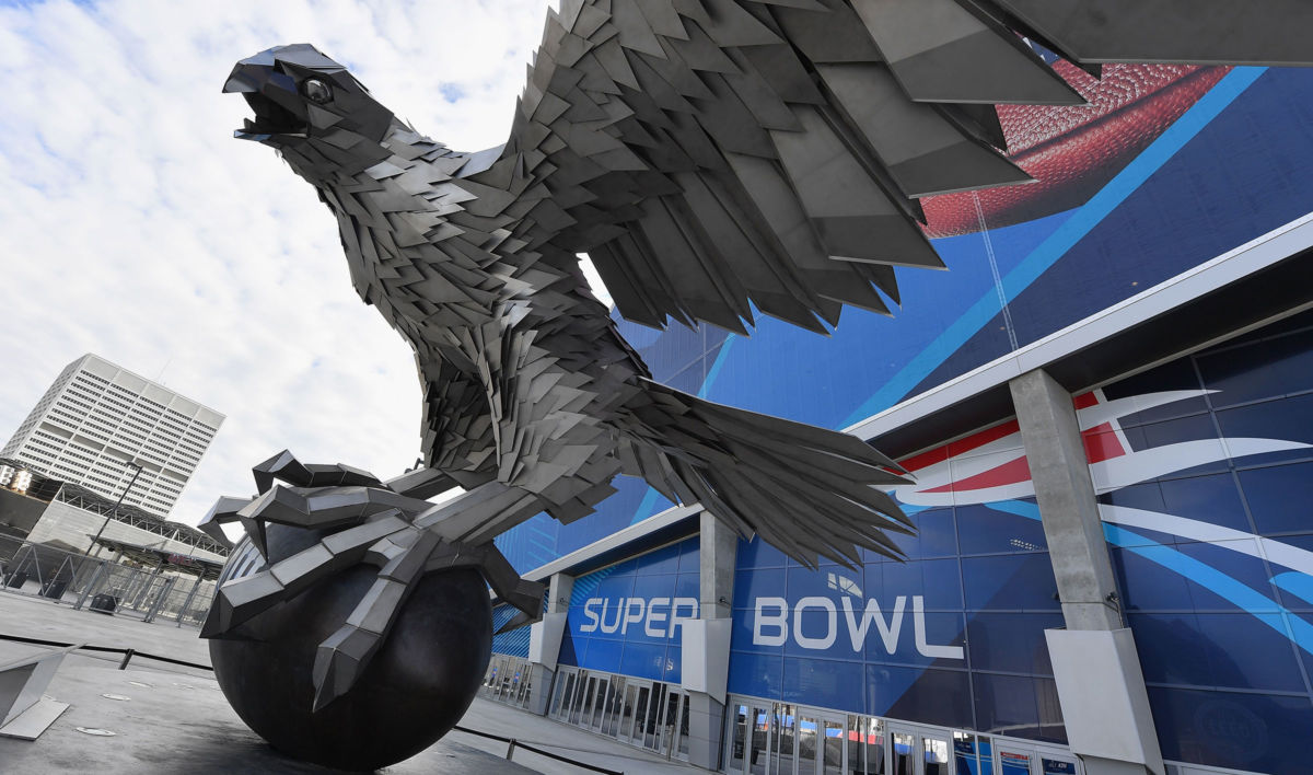'The Falcon' is seen outside Mercedes-Benz Stadium in Atlanta, Georgia on February 2, 2019. The owners of both the Rams and Patriots have duked it out in the arena of political spending.