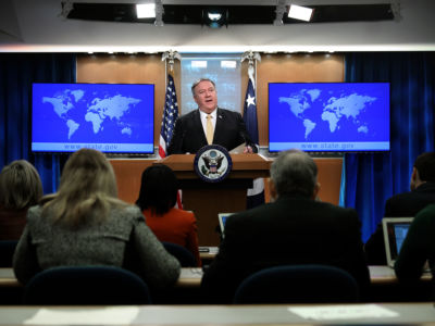 Secretary of State Mike Pompeo holds a news briefing at the State Department, February 1, 2019, in Washington, DC. Pompeo announced that the US will withdraw from the Intermediate-Range Nuclear Forces Treaty citing Russian violation. The treaty has been a centerpiece of nuclear arms control since the Cold War.