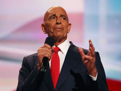 Tom Barrack delivers a speech at the Republican National Convention on July 21, 2016, in Cleveland, Ohio.