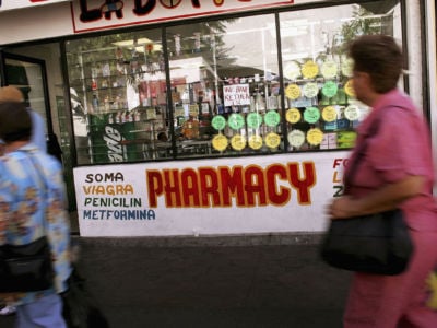 In Mexican border towns, big discount drugstores, as well as small pharmacies like this one in Tijuana, market their less expensive medicines to U.S. tourists.