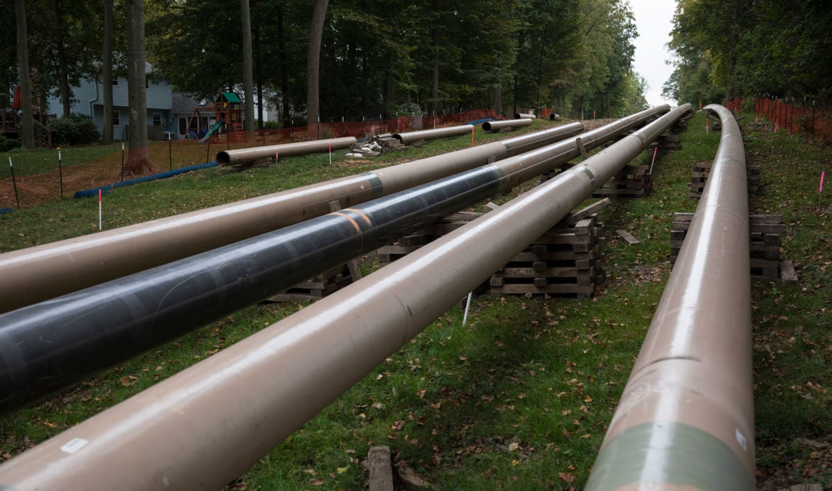 Private homes surround Sunoco's 20-inch gas liquids pipeline along a right-of-way, October 5, 2017, in Marchwood, Pennsylvania.