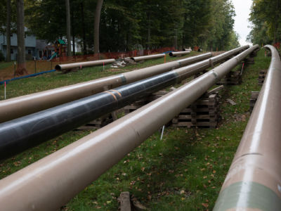 Private homes surround Sunoco's 20-inch gas liquids pipeline along a right-of-way, October 5, 2017, in Marchwood, Pennsylvania.