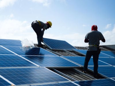 Solar energy installation provides good, union jobs for electrical workers.