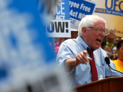 Sen. Bernie Sanders speaks at a pro-labor rally in the Upper Senate Park in Washington, D.C., on June 19, 2007.