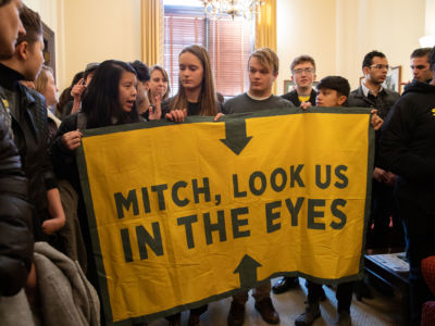 More than 40 youth climate activists who support the Green New Deal resolution were arrested for staging a sit-in at the Washington, D.C., office of Senate Majority Leader Mitch McConnell on February 25, 2019.