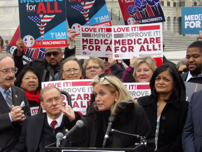 Rep. Pramila Jayapal (2nd from right) officially introduced her Medicare for All legislation on Wednesday with the support of more than 100 House Democrats.