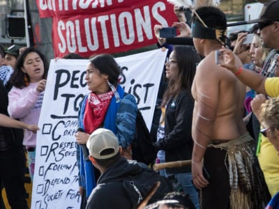 Indigenous and front-line communities demonstrate against climate profiteers and the fossil fuel industry on September 13, 2018, in San Francisco, California.