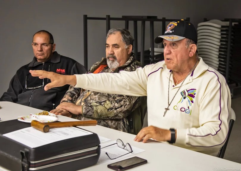 Left to right: Isle de Jean Charles Biloxi-Chitimacha-Choctaw Tribal Councilman Tommy Dardar, Deputy Chief Wensceslaus Billiot Jr., and Chief Albert Naquin at a Tribal Council Meeting on January 26.