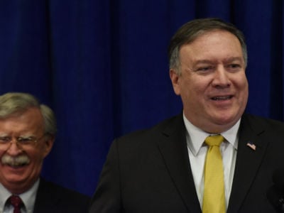 Secretary Of State Mike Pompeo and National Security Adviser John Bolton brief the media during the United Nations General Assembly on September 24, 2018, in New York City.