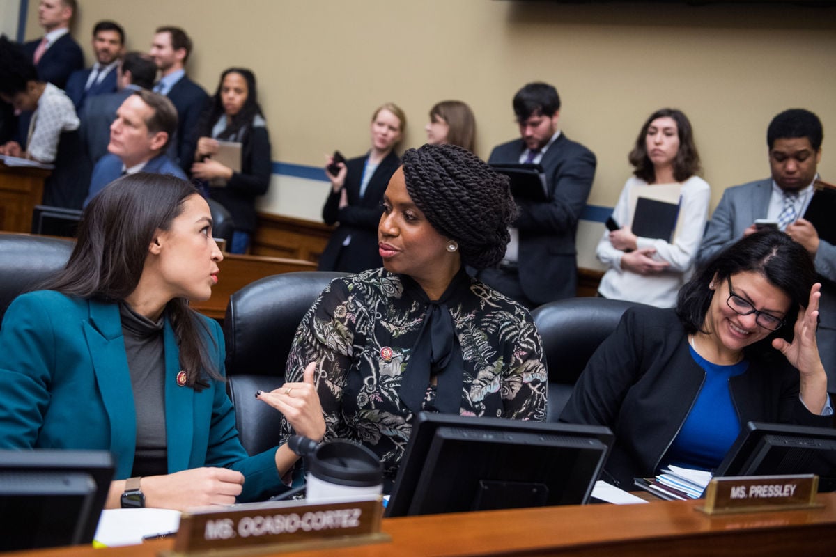 From left, Representatives Alexandria Ocasio-Cortez, Ayanna Pressley and Rashida Tlaib attend a House Oversight and Reform Committee business meeting in the Rayburn Building on Tuesday, January 29, 2019.
