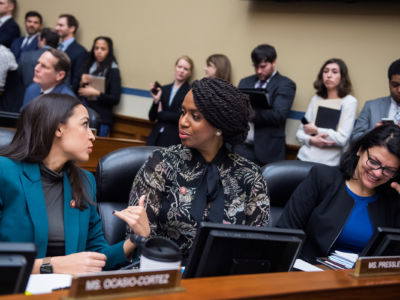 From left, Representatives Alexandria Ocasio-Cortez, Ayanna Pressley and Rashida Tlaib attend a House Oversight and Reform Committee business meeting in the Rayburn Building on Tuesday, January 29, 2019.