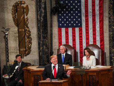 President Trump, in front of Vice President Mike Pence and House Speaker Nancy Pelosi, delivers his State of the Union address before members of Congress in the House chamber of the US Capitol, February 5, 2019, in Washington, DC.