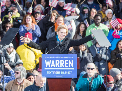 Sen. Elizabeth Warren (D-MA), announces her official bid for President on February 9, 2019, in Lawrence, Massachusetts.