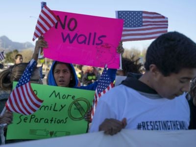 Anti-Trump marchers gather for the "March for Truth" in El Paso, Texas, on February 11, 2019.