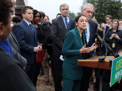 Rep. Alexandria Ocasio-Cortez speaks during a news conference in front of the US Capitol February 7, 2019, in Washington, DC.