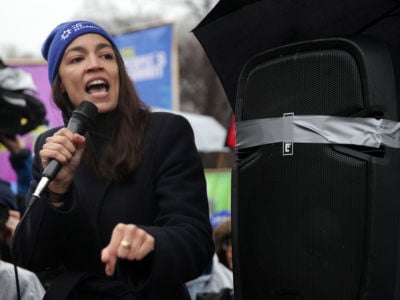 Rep. Alexandria Ocasio-Cortez speaks during a rally in front of the White House, February 12, 2019, in Washington, D.C. Over the weekend, Ocasio-Cortez tweeted that her office was going to ensure a living wage for all her staffers.