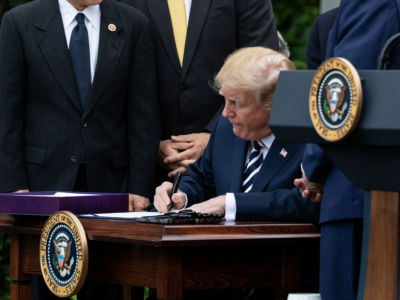 President Donald Trump signs S. 2372, the VA Mission Act of 2018, at a ceremony in the Rose Garden of the White House, June 6, 2018.