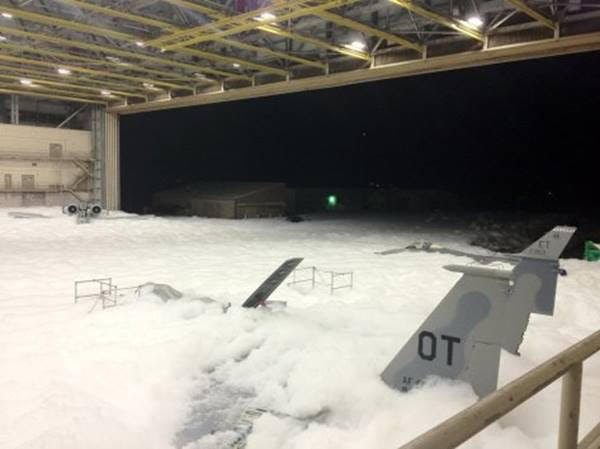 It took two minutes for the carcinogenic aqueous film forming foam (AFFF) to cover the 90,000 square foot hanger with 3 feet of foam at Eglin AF Base, Florida.