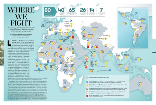 The U.S. is fighting its global war on terror in 40% of the world's nations. (Stephanie Savell, Costs of War Project, originally published in the February issue of Smithsonian magazine)