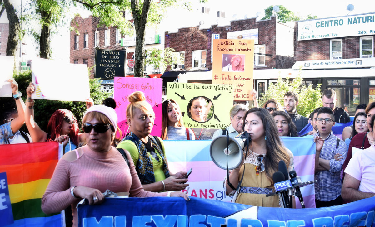 Bianey García (with megaphone) at a June 2018 rally for undocumented sex worker who was the target of an alleged hate attack in the Jackson Heights neighborhood of Queens.