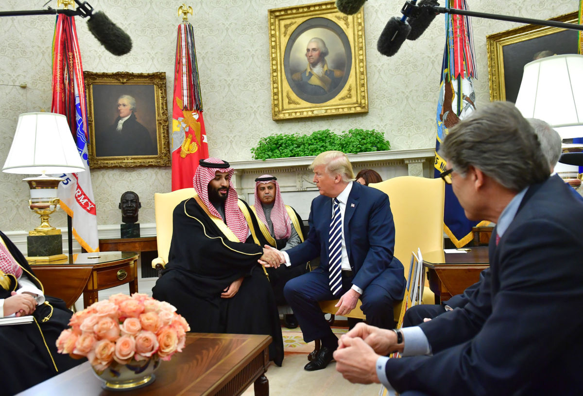 President Donald Trump shakes hands with Crown Prince Mohammed bin Salman of the Kingdom of Saudi Arabia in the Oval Office at the White House on March 20, 2018, in Washington, D.C.
