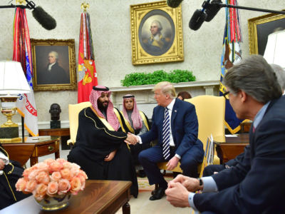 President Donald Trump shakes hands with Crown Prince Mohammed bin Salman of the Kingdom of Saudi Arabia in the Oval Office at the White House on March 20, 2018, in Washington, D.C.