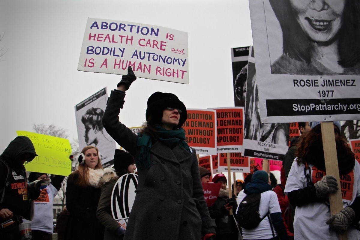 Pro-choice protesters march with signs.