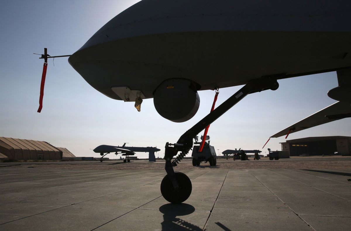 U.S. Air Force MQ-1B Predator unmanned aerial vehicles prepare to launch from a secret air base in the Persian Gulf region on January 7, 2016.
