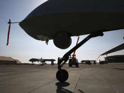 U.S. Air Force MQ-1B Predator unmanned aerial vehicles prepare to launch from a secret air base in the Persian Gulf region on January 7, 2016.