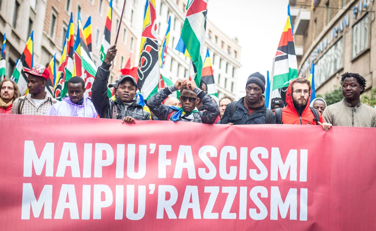 Activists march against fascism and racism in Rome, Italy, on February 24, 2018.