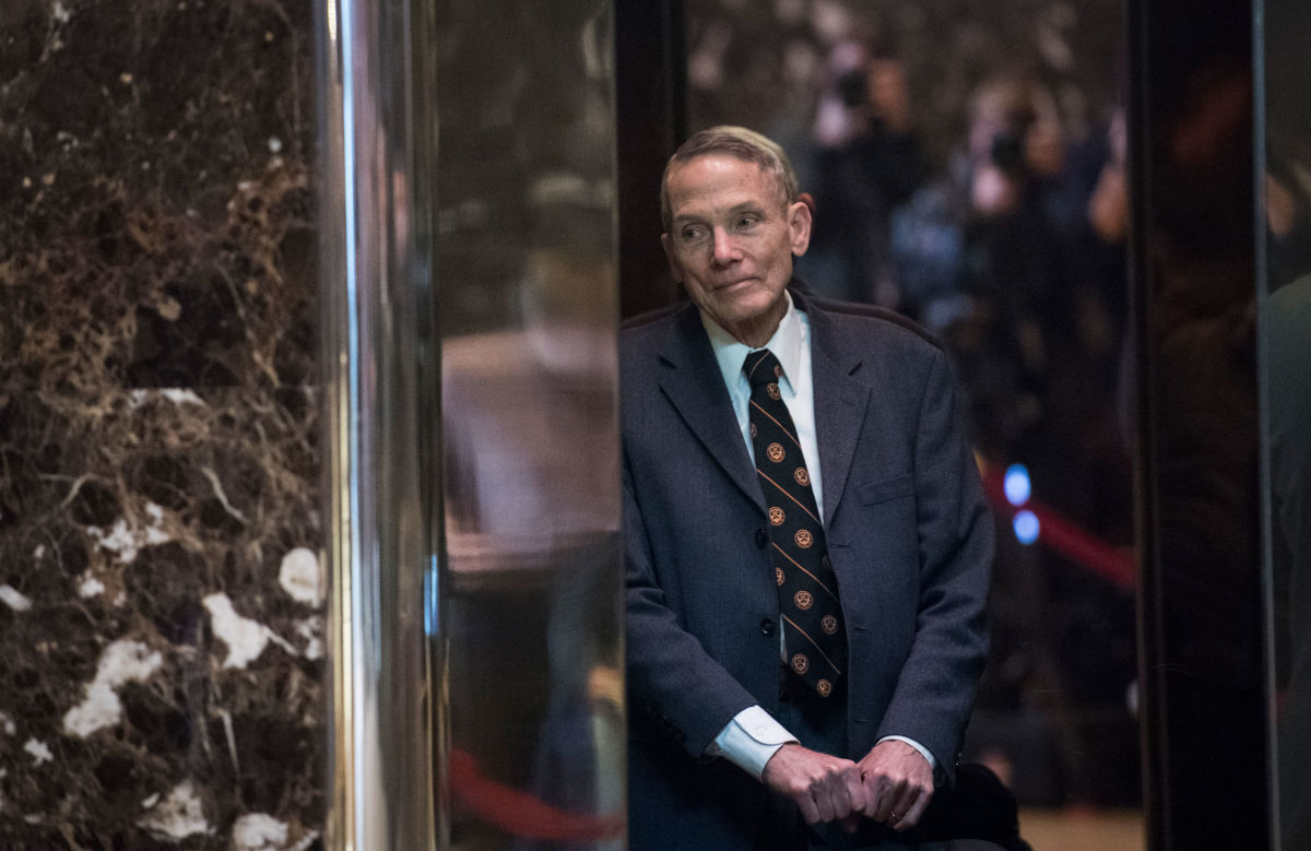 Climate science denier William Happer arrives in the lobby of Trump Tower in New York on January 13, 2017.