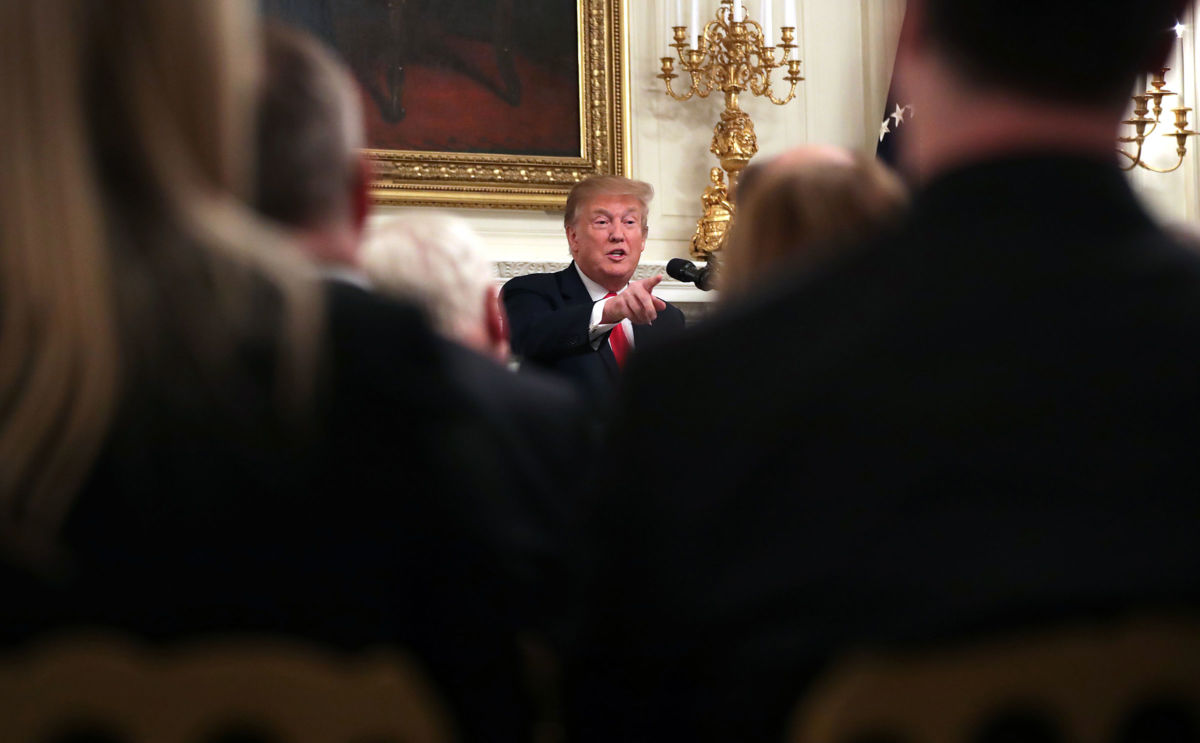 President Donald Trump addresses a meeting of the National Association of Attorneys General in the State Dining Room at the White House March 4, 2019, in Washington, D.C.